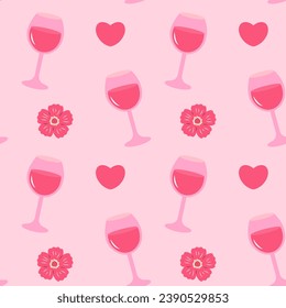 Pinkcore glamour seamless pattern. Pink pattern with wine glass, heart and flower.