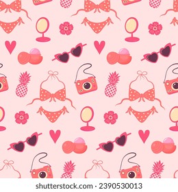 Pinkcore glamour seamless pattern. Pink pattern with cute female accessories.