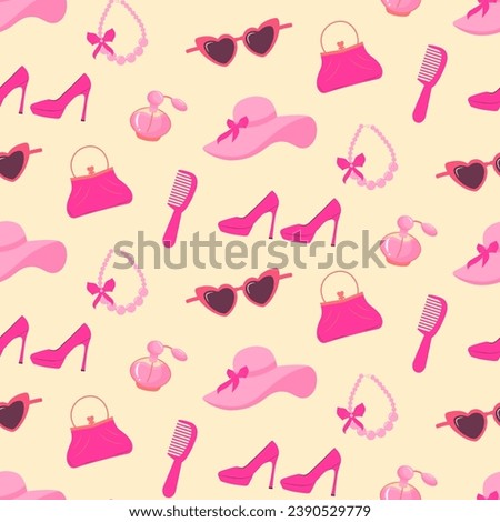 Pinkcore glamour seamless pattern. Pink pattern with female accessories, clothing and makeup cosmetics.