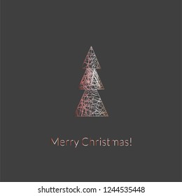 The pink-golden Christmas tree is depicted on a gray background, the image can be used to decorate the interiors, design of clothes, printed products, calendars, flyers, banners, notebooks, diaries