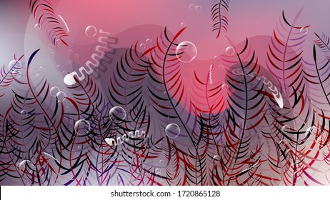 pink-gray abstract shapes overlapping each other with wavy edges, air bubbles of different sizes and colorful abstract algae. underwater futuristic wallpaper. vector