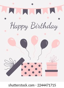 Pink-gray birthday greeting card with packed gifts, balloons, flags, stars and an inscription in vector