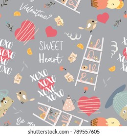 Pink,gray love collection for banners,Placards with staircase,bird,heart,pot,ice cream and bear