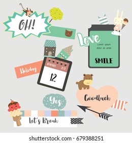 Pink,green Sticker With Calendar,heart,arrow,bear,rabbit,ice Cream And Oh,love,good Luck,yes,let's Break,holiday Wording