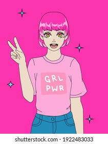 Pink-haired anime girl showing victory hand gesture on pastel pinkish background. Cartoon modern trendy personage.