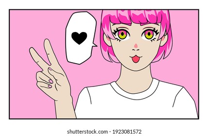 Pink-haired anime girl showing victory hand gesture on pastel pinkish background. Cartoon modern trendy personage.