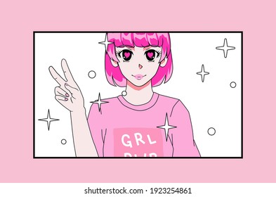 Pink-haired anime girl wearing t-shirt with print and showing victory hand gesture on pastel pinkish background. Cartoon modern trendy personage.