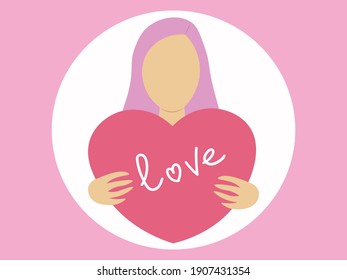 Pink-haired cartoon woman holding a large pink heart in her hands. Valentine's day, valentine, love. Vector hand drawn illustration