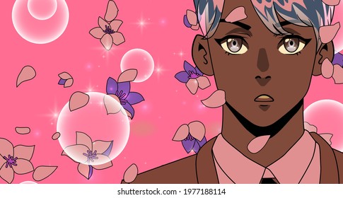 Pink-haired and dark-skinned young man in cartoon style. The petals of the flower fall in front of him.