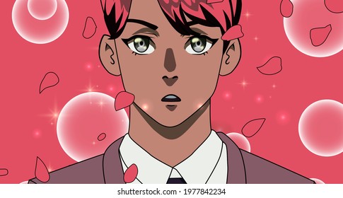 Pink-haired and dark-skinned young man in cartoon style. The petals of the flower fall in front of him.