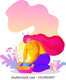 The pink-haired girl in glasses opens the box. The girl unpacks the gift. Festive vector female character.