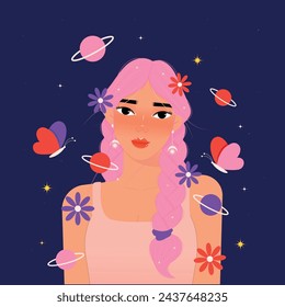 Pink-haired girl surrounded by planets, roses and butterflies
