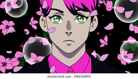 Pink-haired and green-eyed young man in anime cartoon style. The petals of flowers is falling in front of him. Vector illustration in neon vivid colors.