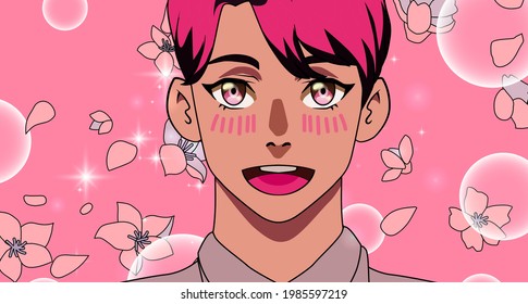 Pink-haired laughing and smiling young man in cartoon anime style. Flower petals fall in front of him.