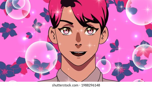 Pink-haired laughing and smiling young man in cartoon anime style. Flower petals fall in front of him.