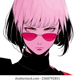 Mujer de cabello rosa al estilo de anime de arte pop. Ilustración vectorial para afiche, portada, impresión.