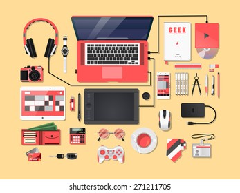 Pinkies Completa idea moderna de ilustración vectorial del espacio de trabajo creativo de oficina. Vista superior del fondo del escritorio con portátil, dispositivos digitales, objetos de oficina, libros y documentos.