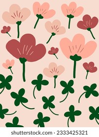 Patrones de flores y hojas rosadas en el vector de fondo del bebé, ilustraciones para la decoración de paredes, papel pintado, estampados de arte, plantillas, almohadas, diseños de estuches de teléfono, etc.