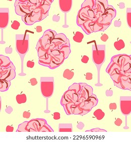 pinkish flowers with juice glasses and pink apples seamless vector repeat pattern. It is suitable for tiles, fabric, designs, decorations, clothes, fabric, sheets and much more.