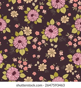 Pinkish roxo Zinnia Flores Jardim com flores selvagens e pontos verdes Padrão desenho vetor desenhado à mão sem costura