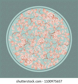 Pinkish roses on turquoise circle background, ornament floral vignette for business cards, company name and wedding invitation.  