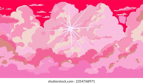 Pinkish and violet cloudy sky. Vector illustration in retro anime cartoon style.