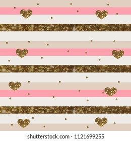 Pinkish White Striped Pattern with Sparkly Gold Hearts