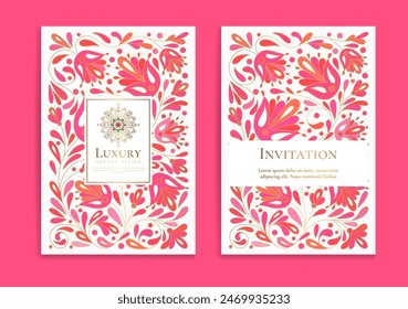 Pinkl luxury invitation card design with vector mandala ornament pattern. Vintage template. Can be used for background and wallpaper. Elegant and classic vector elements great for decoration.