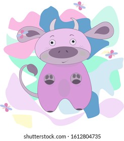 
Pink-lilac cow on a colorful background. The vector image is suitable for products for children, prints, fabric, cardboard