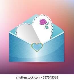 pink-purple background with a blue envelope, postcard in the shape of a heart with a rose. Valentines day. Valentine background. Valentine card. Valentine heart. Happy Valentine`s day abstract.