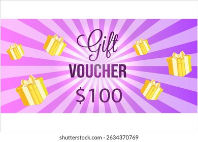 Fondo rosa-púrpura con un patrón radial, texto "CUPÓN DE REGALO $ 100", y cajas de regalo amarillas dispersas con arcos. Adecuado para temas de regalo y promoción.