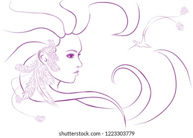 Pink-purple colored vector stylish graphics portrait with beautiful young attractive girl