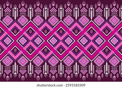 Pink-Purple Ethnic Geometric Pattern, seamless, tribal, traditional, Navajo, geometry, Aztec, triangle, diagonal, squares, rice, nature design, motif, repeat, colorful, for textile, print, background