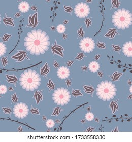 pink-purple flowers and brown branches and leaves of different sizes are randomly located on a gray background. Floral seamless pattern. vector