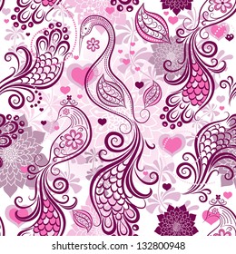 Pink-purple repeating vintage pattern with stylized birds and flowers and hearts (vector)