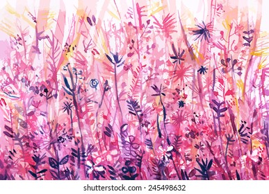 pink-purple thickets of grass/ meadow/ watercolor background/ vector illustration