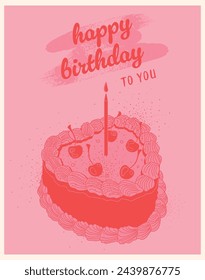 Pink-red cake with cherries and cream in retro style. Cake. Birthday cake. Retro cake with cherries. Greeting card. Candle. Baking and sweets. Confectionery product