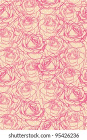 Pink-red roses on light beige and white polka dot background. Seamless pattern.