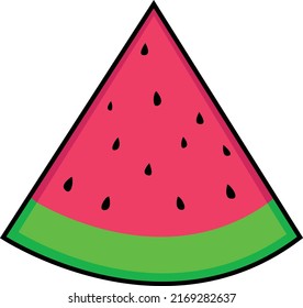 Pink-red watermelon slice with black seeds and a green rind. Black border and shaded edge.