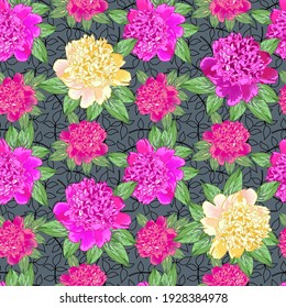 Pink,red,yellow peony.Seamless pattern with beautiful realistic flowers on a dark background.Green leaves. Can be used for print  textile,fabric, wrapping paper.