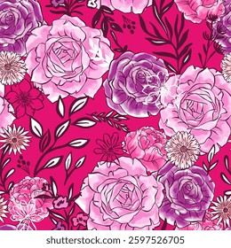 Pinks and Purples Floral Roses Vector Seamless Pattern
