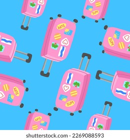 Pinks traveler's suitcase seamless pattern. Vector illustration in cartoon flat style isolated on blue background.