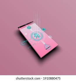 A pink-screen mobile phone with a fingerprint scan symbol to unlock the online network service. Pink gradion background