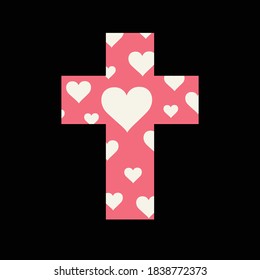 PinkSign of the Christian cross with cute hearts inside on the black background. Decorative vector illustration, religious symbol, icon, logo, emblem, t-shirt design, graphic print, design element