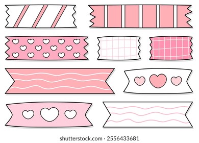 Pink-themed decorative tape stickers in vector format. Perfect for crafts, journaling, or scrapbooking. Includes heart, stripe, and grid patterns. Great for Valentine’s Day 