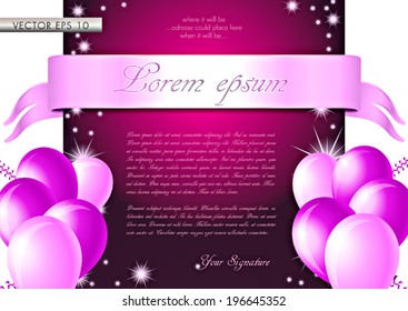 Pink/violet invitation card - vector illustration with glossy balloons, ribbon, confetti and stars