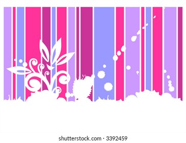 Pink-violet striped background with a white vegetative pattern and blots.