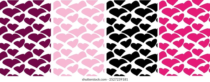 Pink,violet,black love heart seamless pattern illustration set. Cute romantic checkered pink hearts background print collection. Valentine's day holiday backdrop texture, checker board romantic design