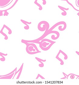 Pink-white bird and grass pattern. Seamless background. Great for fabric, wallpaper, backgrounds, invitations, packaging design projects. Surface design. Vector illustration