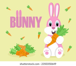 pink-white bunny with a carrot, simple vector illustration